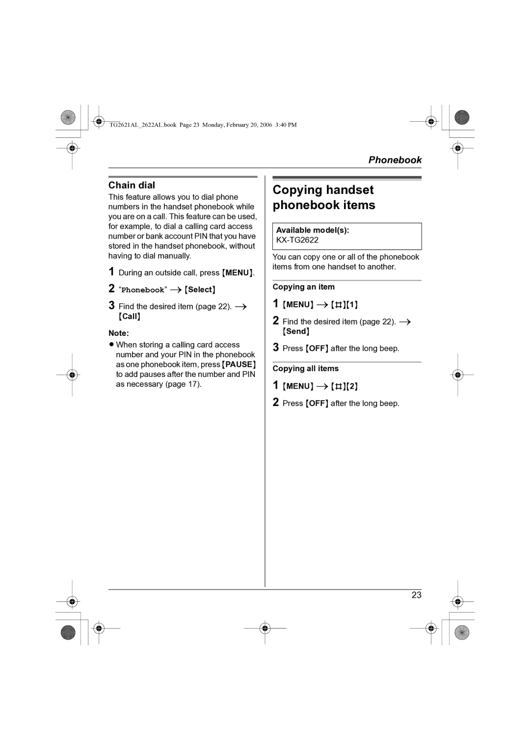 Panasonic KX-TG2621AL, KX-TG2622AL operating instructions Chain dial, Copying an item, Copying all items 