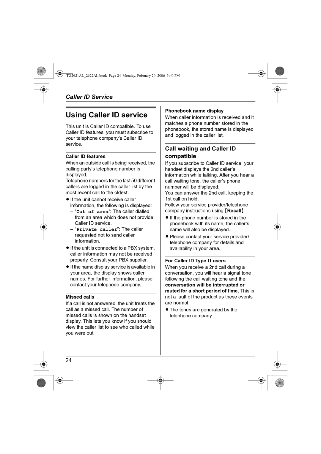 Panasonic KX-TG2622AL, KX-TG2621AL operating instructions Using Caller ID service, Call waiting and Caller ID compatible 