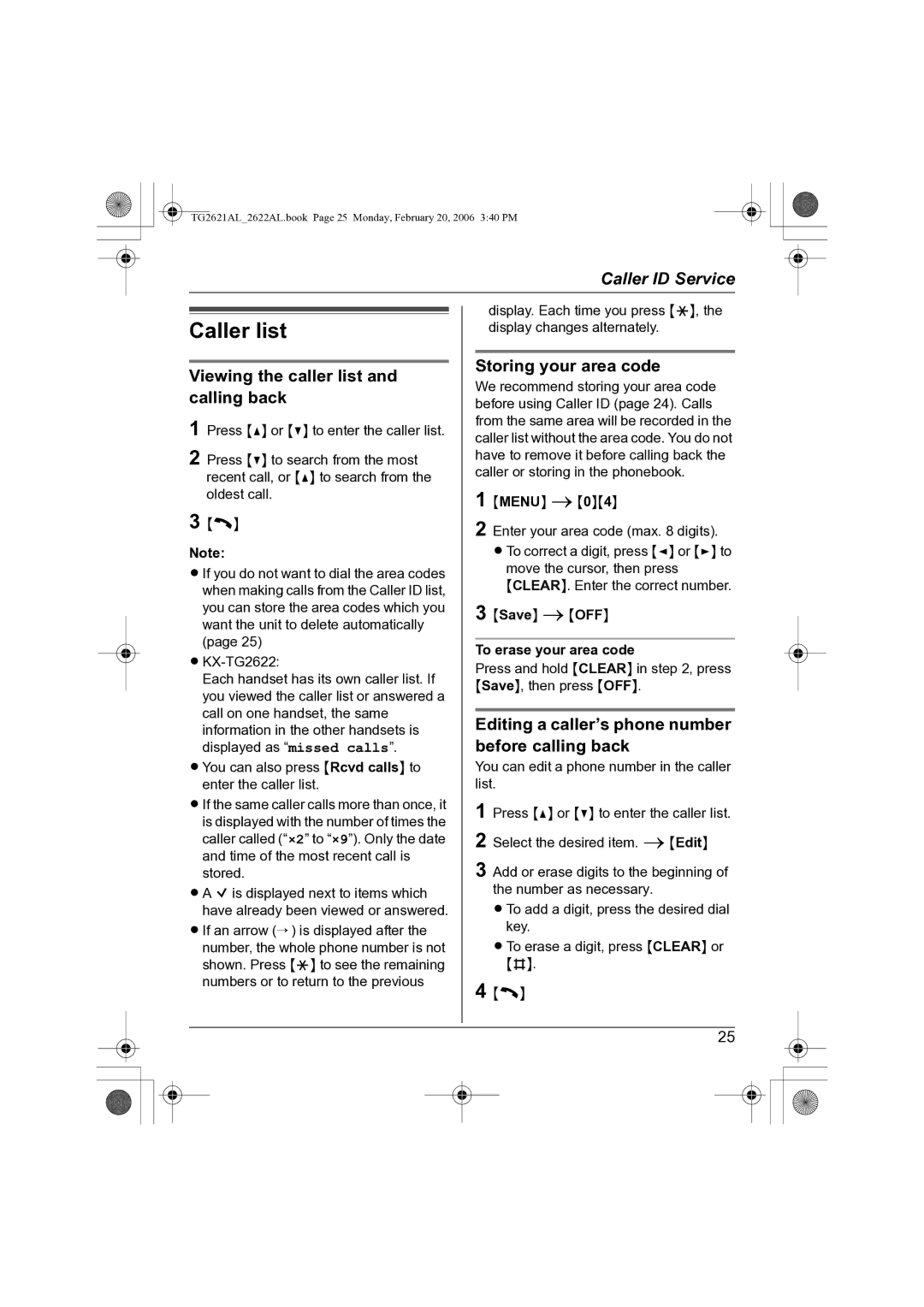 Panasonic KX-TG2621AL, KX-TG2622AL Caller list, Viewing the caller list and calling back, Storing your area code 