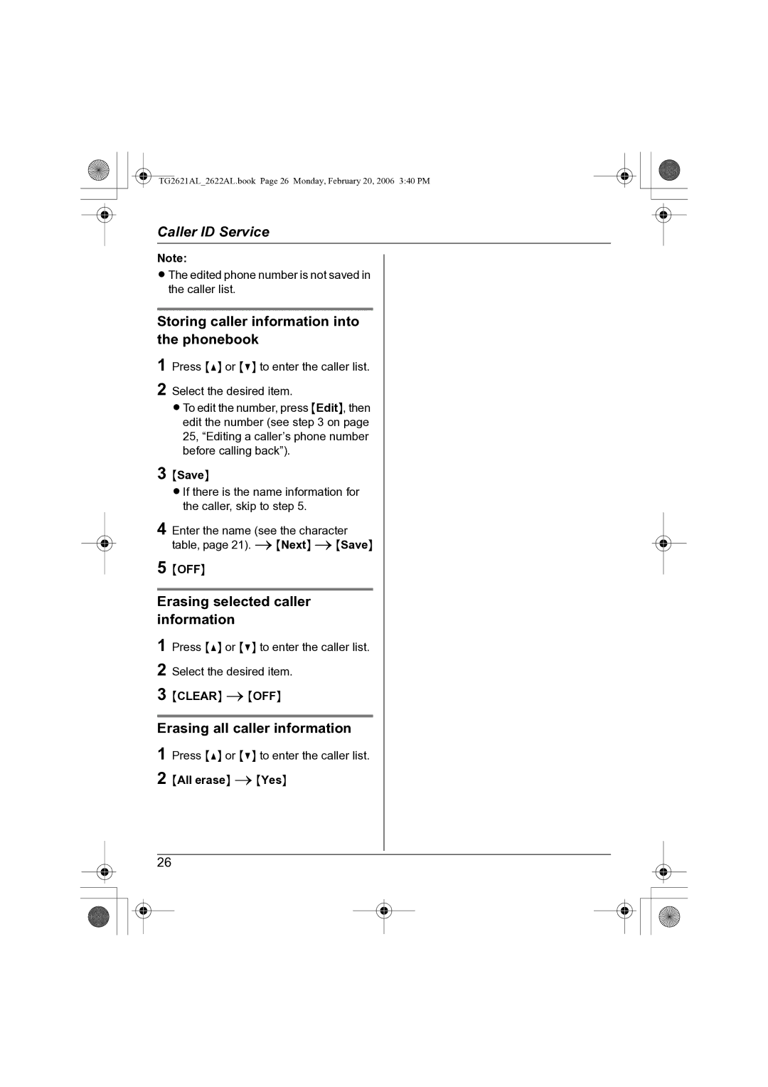 Panasonic KX-TG2622AL, KX-TG2621AL Storing caller information into the phonebook, Erasing selected caller information 