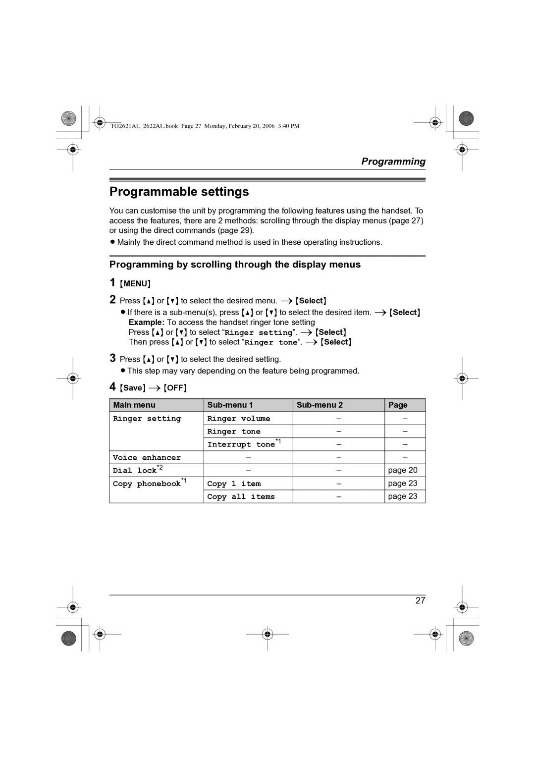 Panasonic KX-TG2621AL, KX-TG2622AL Programmable settings, Programming by scrolling through the display menus 