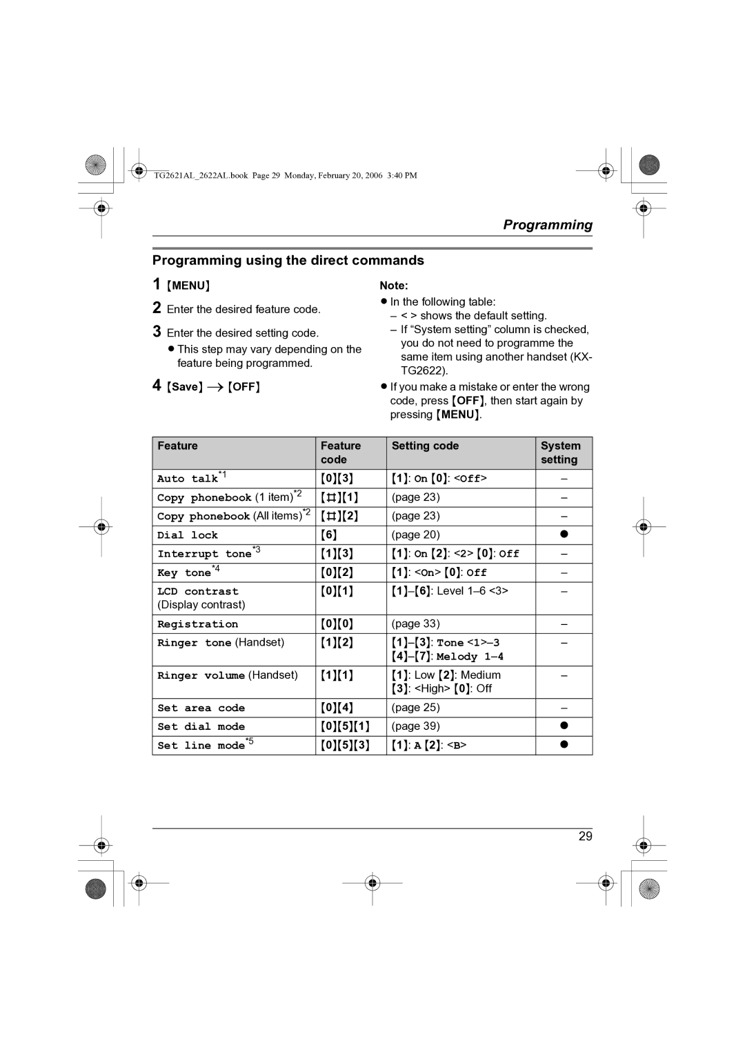 Panasonic KX-TG2621AL, KX-TG2622AL Programming using the direct commands, Menu, Feature Setting code System Code 