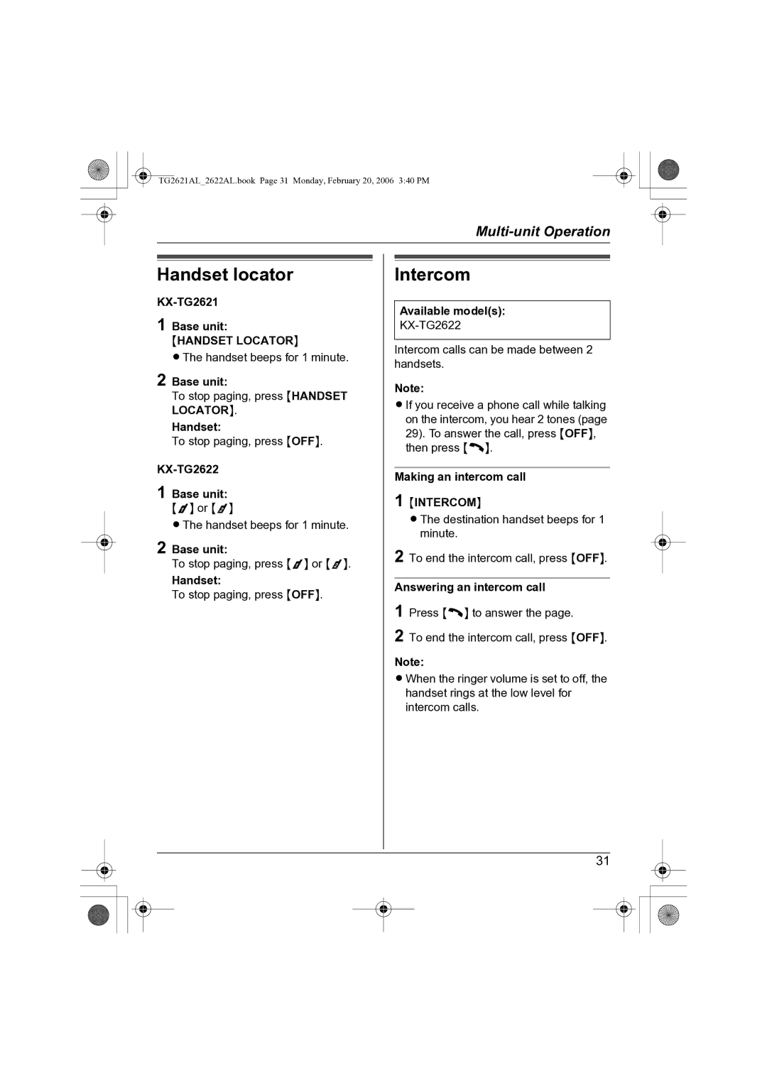 Panasonic KX-TG2621AL, KX-TG2622AL operating instructions Handset locator, Intercom 