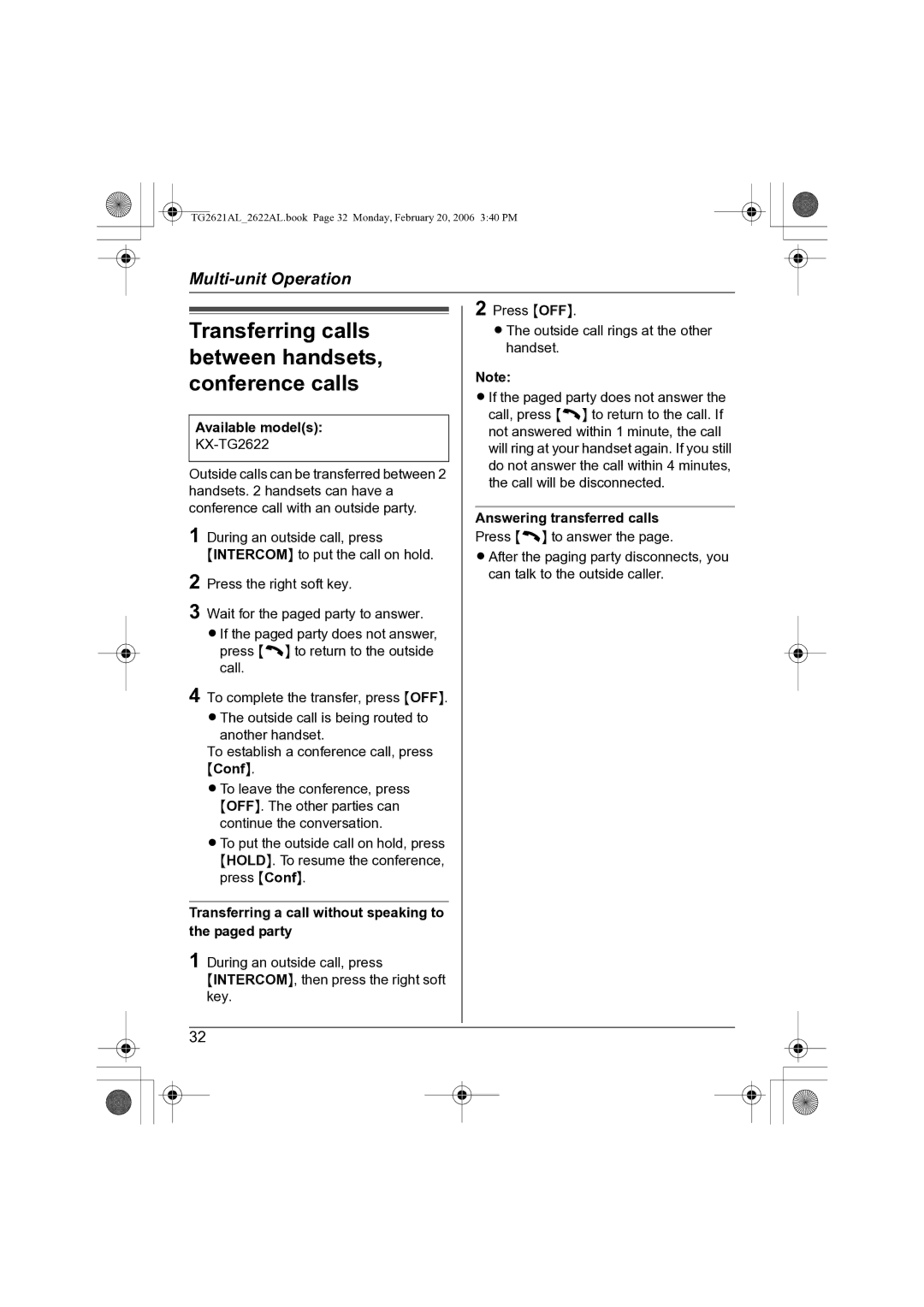 Panasonic KX-TG2622AL, KX-TG2621AL Transferring a call without speaking to the paged party, Answering transferred calls 