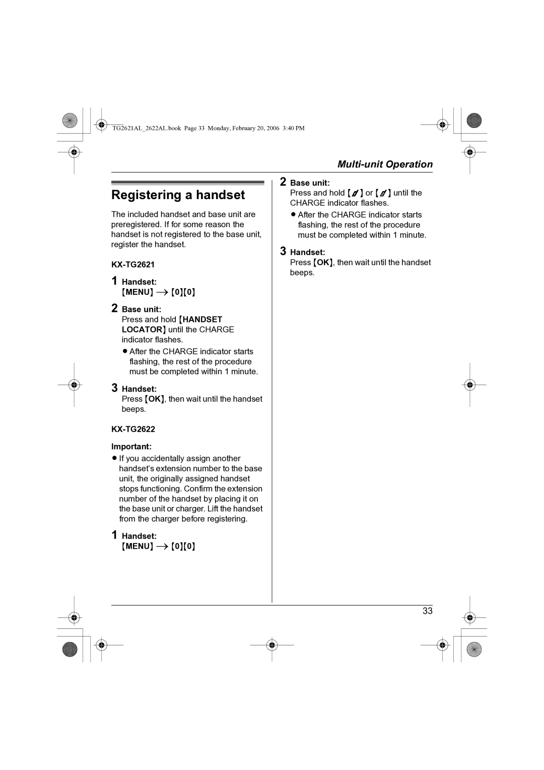 Panasonic KX-TG2621AL, KX-TG2622AL Registering a handset, KX-TG2621 Handset, Press OK, then wait until the handset beeps 