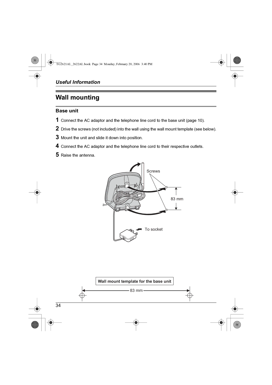 Panasonic KX-TG2622AL, KX-TG2621AL operating instructions Wall mounting, Base unit, Wall mount template for the base unit 