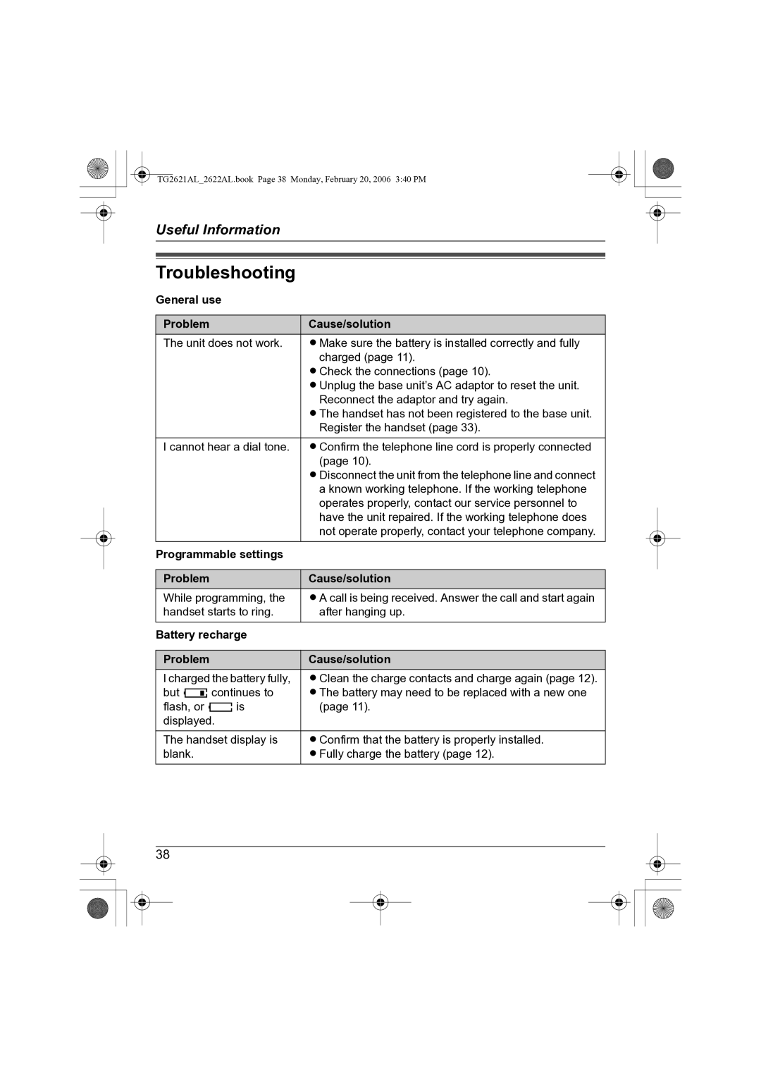 Panasonic KX-TG2622AL Troubleshooting, General use Problem Cause/solution, Programmable settings Problem Cause/solution 