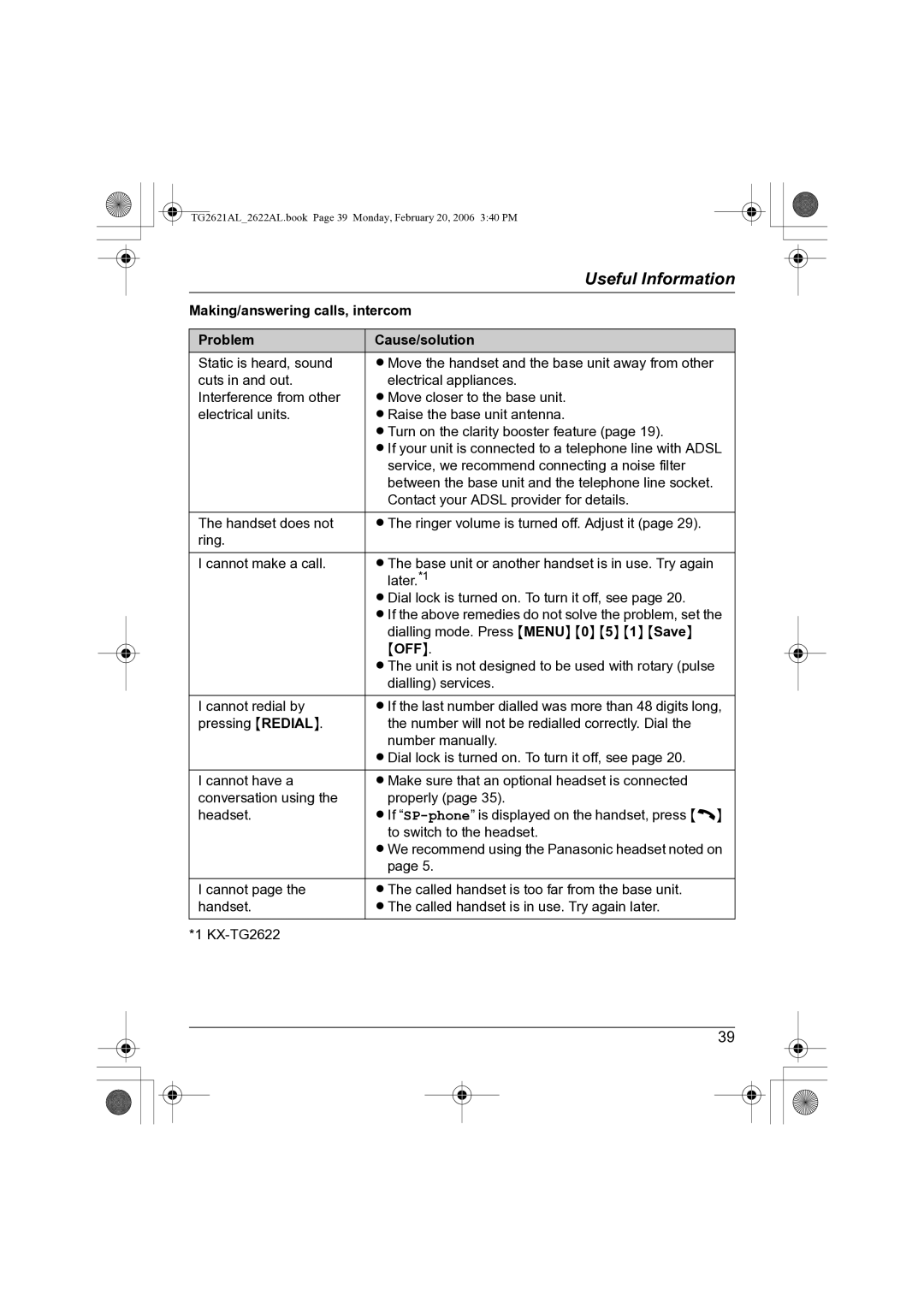 Panasonic KX-TG2621AL, KX-TG2622AL operating instructions Making/answering calls, intercom, Problem Cause/solution 