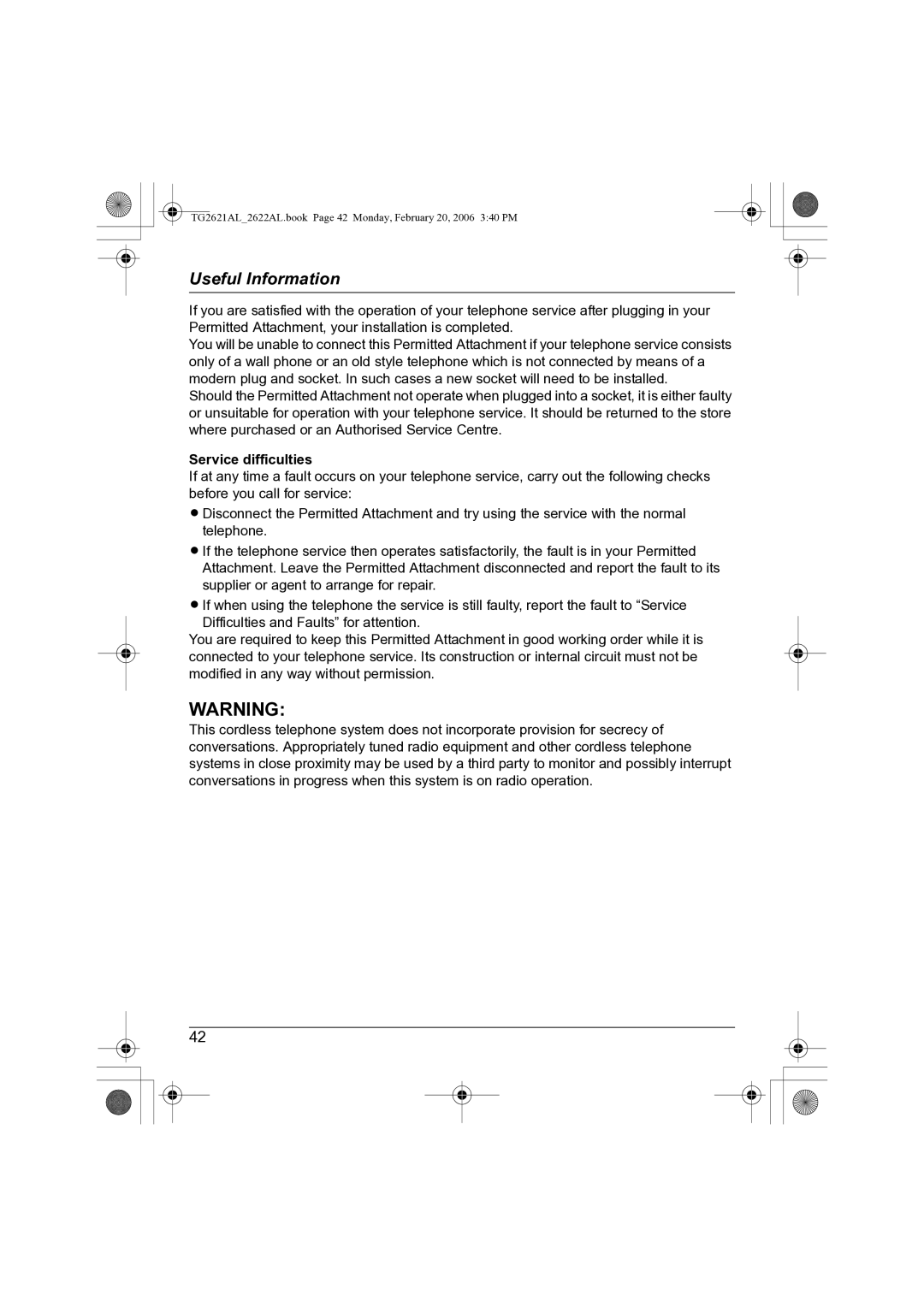 Panasonic KX-TG2622AL, KX-TG2621AL operating instructions Service difficulties 