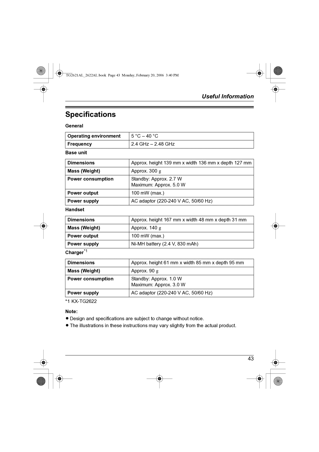 Panasonic KX-TG2621AL, KX-TG2622AL operating instructions Specifications 