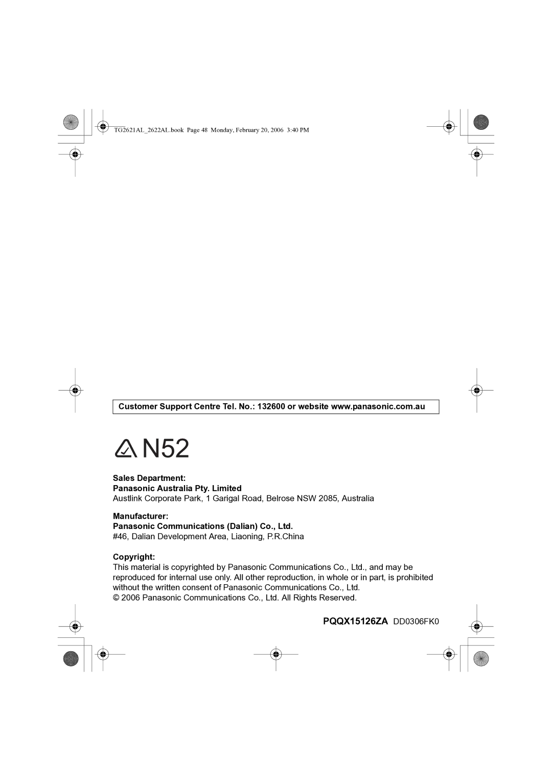 Panasonic KX-TG2622AL, KX-TG2621AL Sales Department Panasonic Australia Pty. Limited, Manufacturer, Copyright 