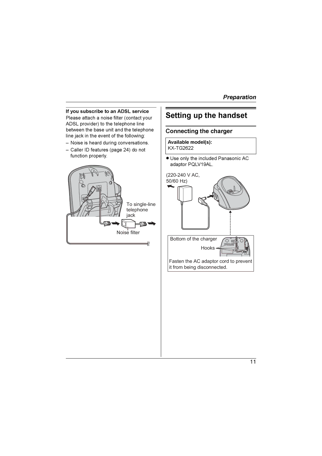 Panasonic KX-TG2621NZ Setting up the handset, Connecting the charger, If you subscribe to an Adsl service, Noise filter 