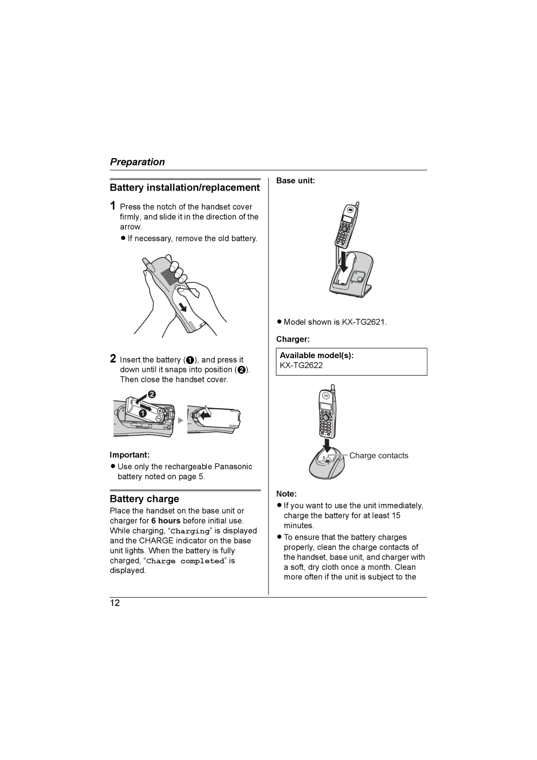 Panasonic KX-TG2622NZ, KX-TG2621NZ Battery installation/replacement, Battery charge, Base unit, Model shown is KX-TG2621 