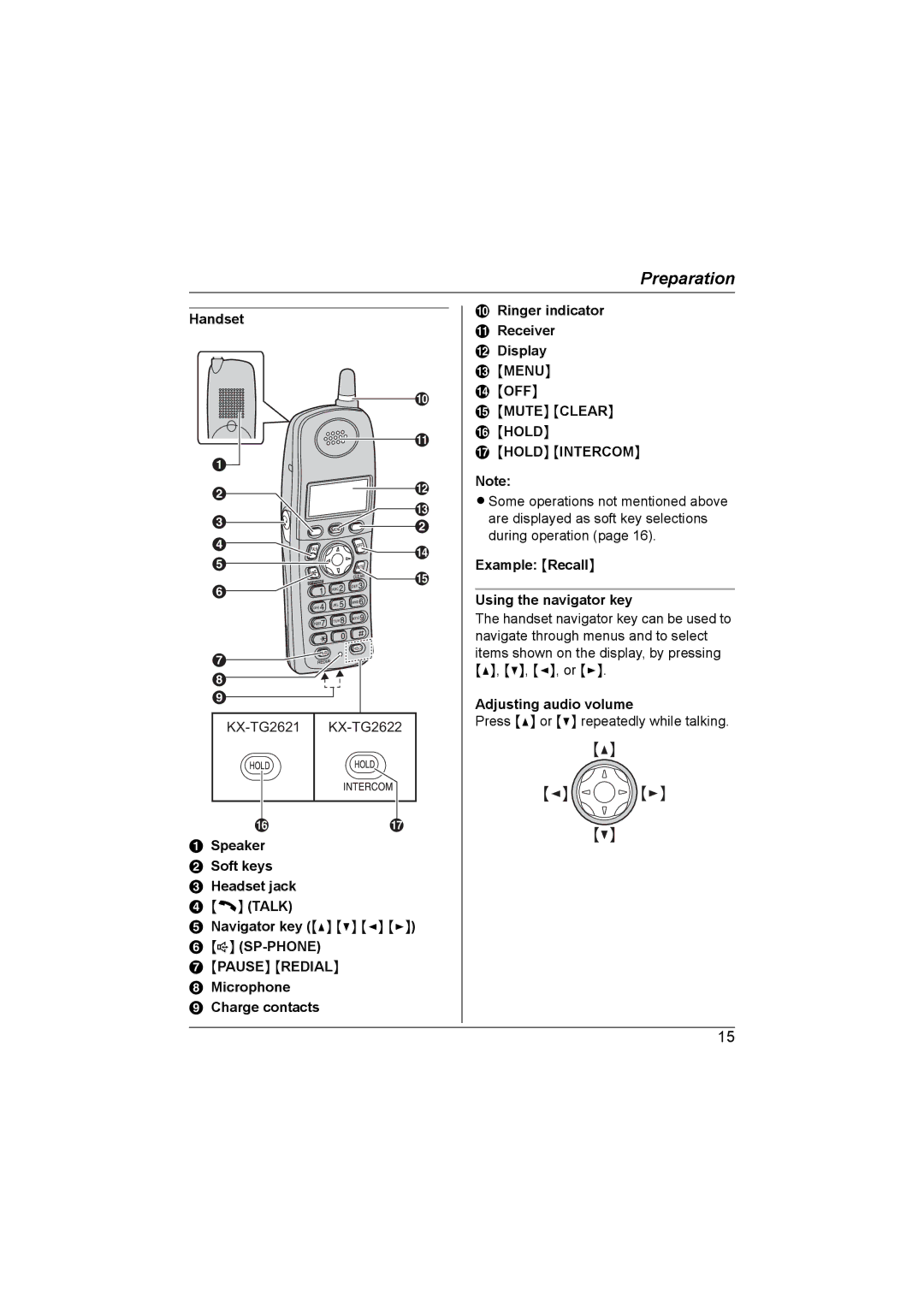 Panasonic KX-TG2621NZ Handset, KX-TG2621 KX-TG2622, Example Recall Using the navigator key, Adjusting audio volume 