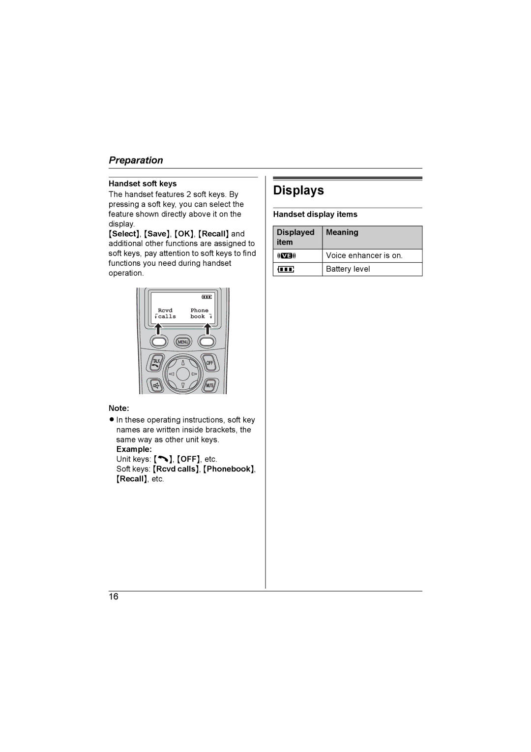 Panasonic KX-TG2622NZ, KX-TG2621NZ Displays, Handset soft keys, Handset display items Displayed Meaning item 