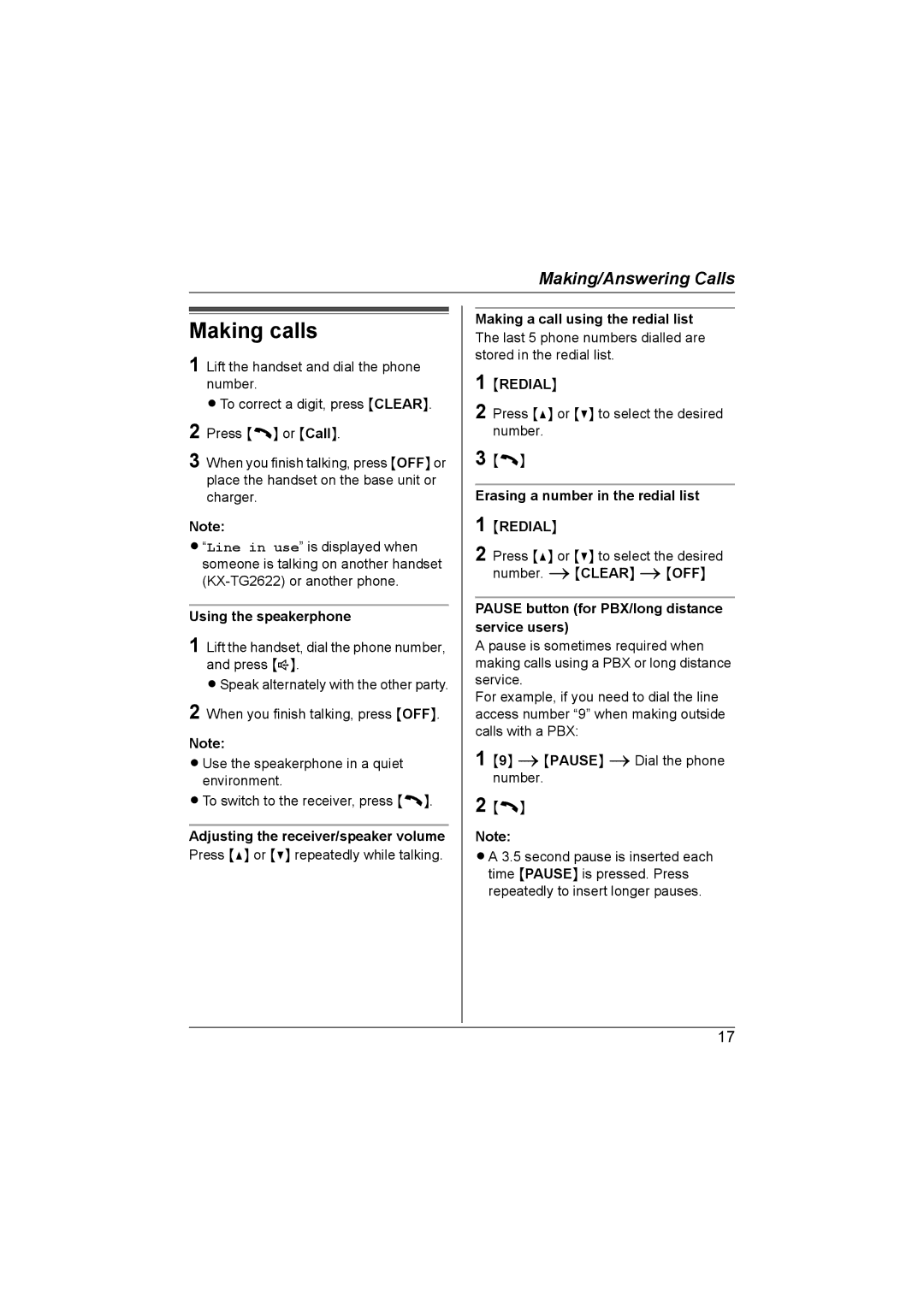 Panasonic KX-TG2621NZ, KX-TG2622NZ operating instructions Making calls 