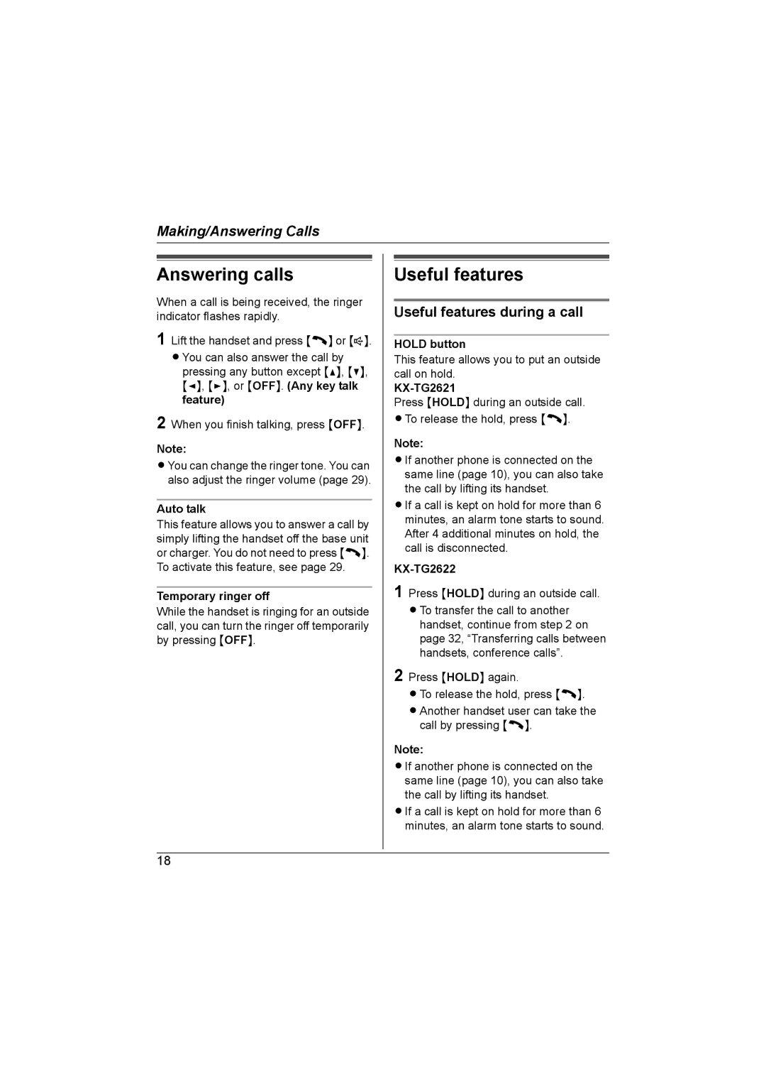 Panasonic KX-TG2622NZ, KX-TG2621NZ operating instructions Answering calls, Useful features during a call 