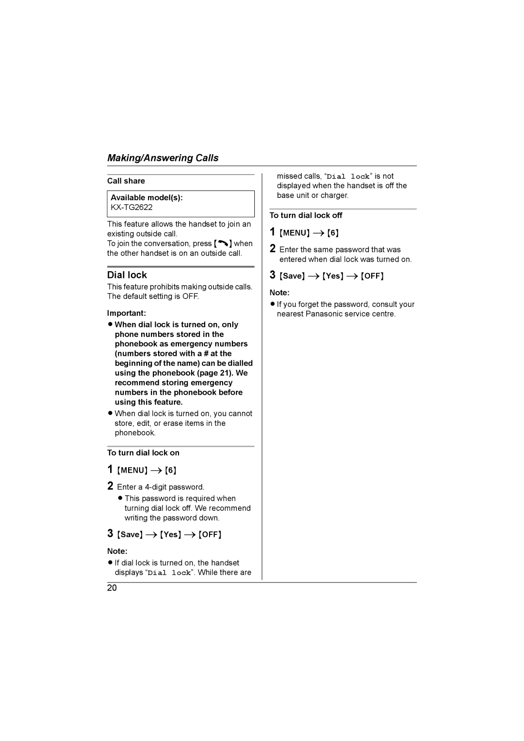 Panasonic KX-TG2622NZ, KX-TG2621NZ Dial lock, Call share Available models, To turn dial lock on, To turn dial lock off 