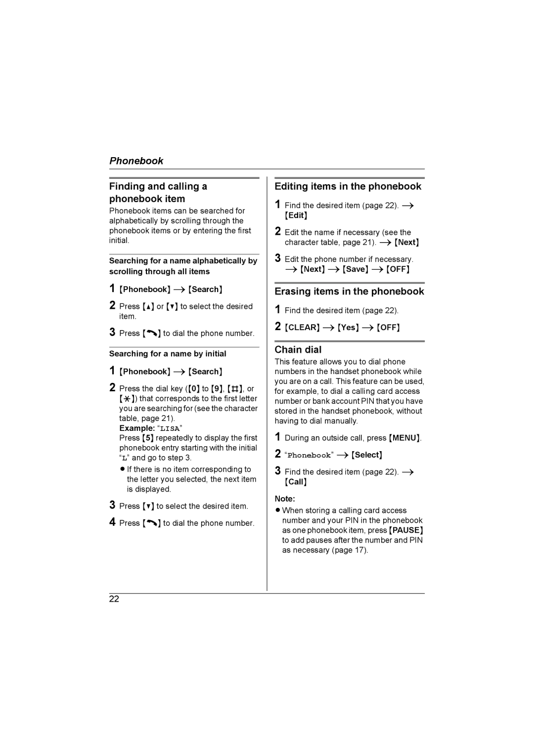 Panasonic KX-TG2622NZ Finding and calling a phonebook item, Editing items in the phonebook, Erasing items in the phonebook 