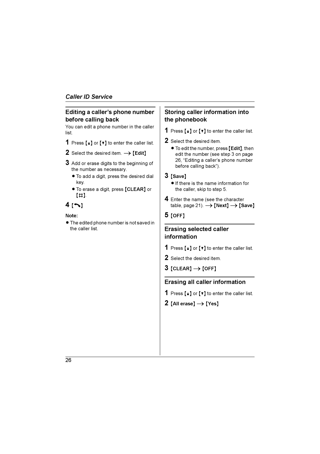 Panasonic KX-TG2622NZ Editing a caller’s phone number before calling back, Storing caller information into the phonebook 