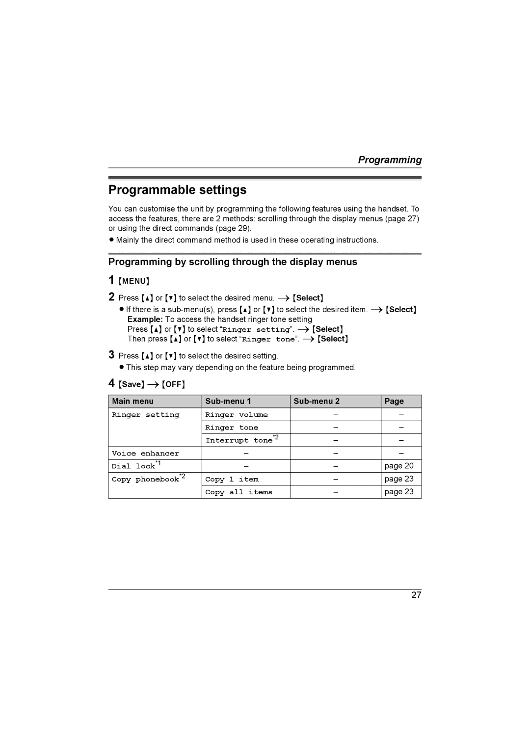 Panasonic KX-TG2621NZ, KX-TG2622NZ Programmable settings, Programming by scrolling through the display menus 