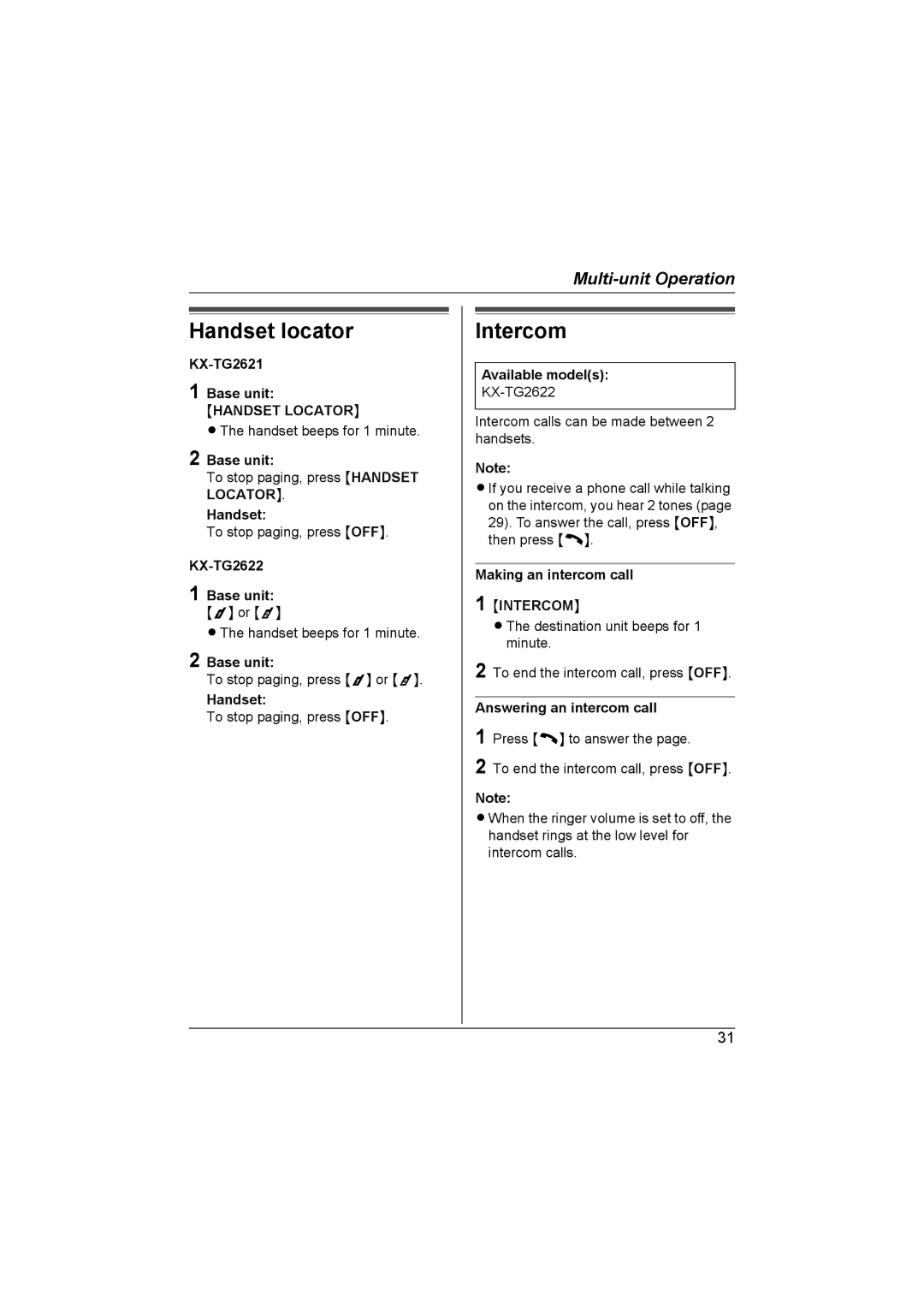 Panasonic KX-TG2621NZ, KX-TG2622NZ operating instructions Handset locator, Intercom 