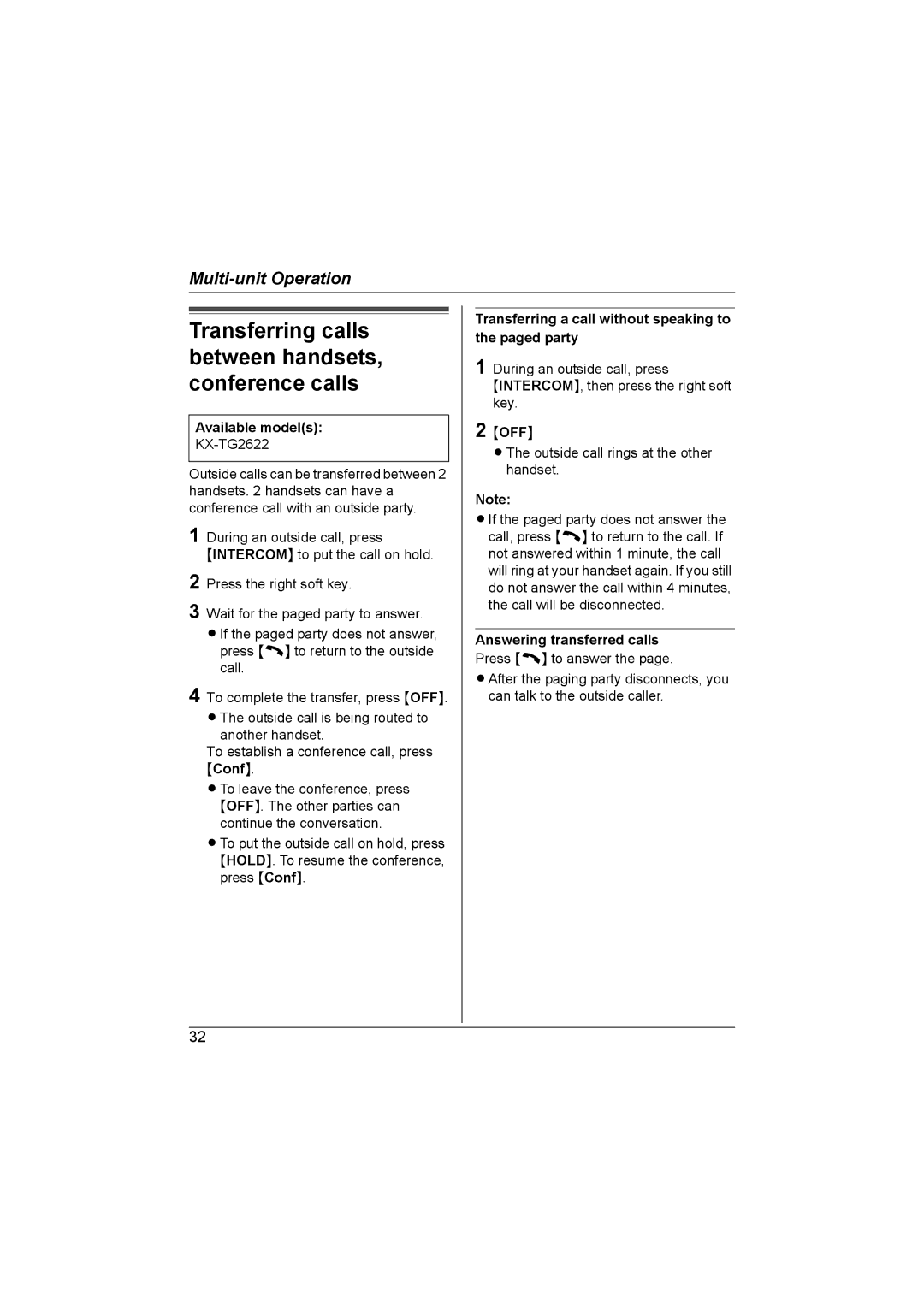 Panasonic KX-TG2622NZ, KX-TG2621NZ operating instructions Transferring a call without speaking to the paged party 