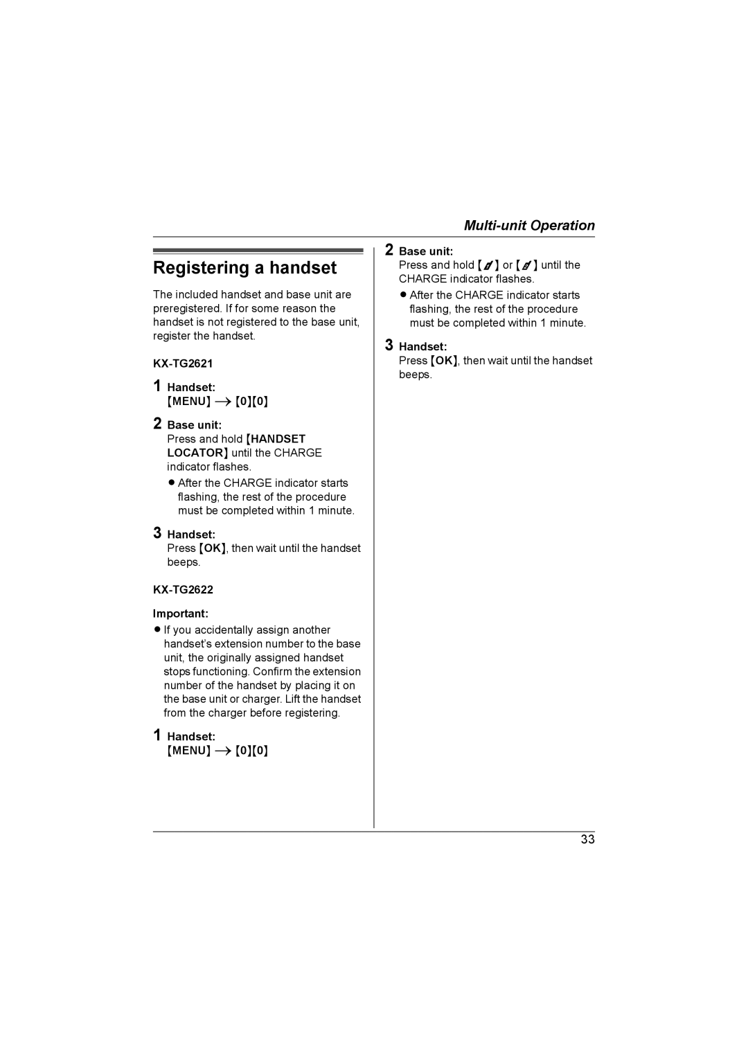 Panasonic KX-TG2621NZ, KX-TG2622NZ Registering a handset, KX-TG2621 Handset, Press OK, then wait until the handset beeps 