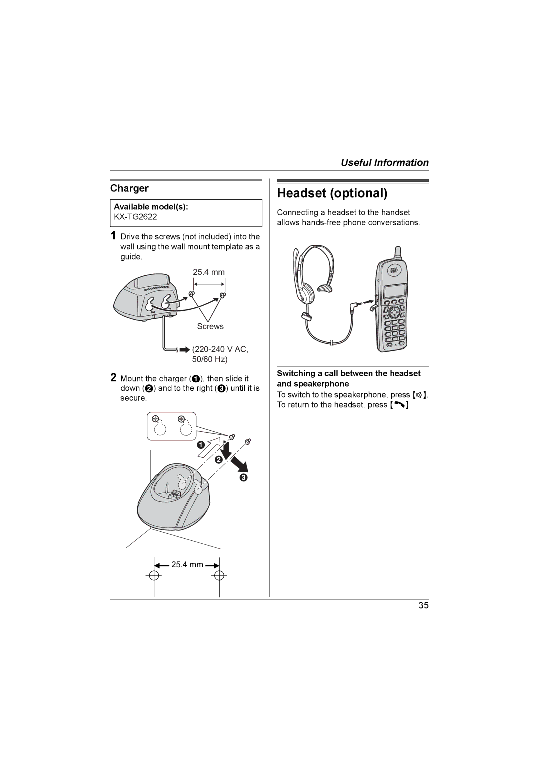 Panasonic KX-TG2621NZ, KX-TG2622NZ Headset optional, Charger, Switching a call between the headset and speakerphone 