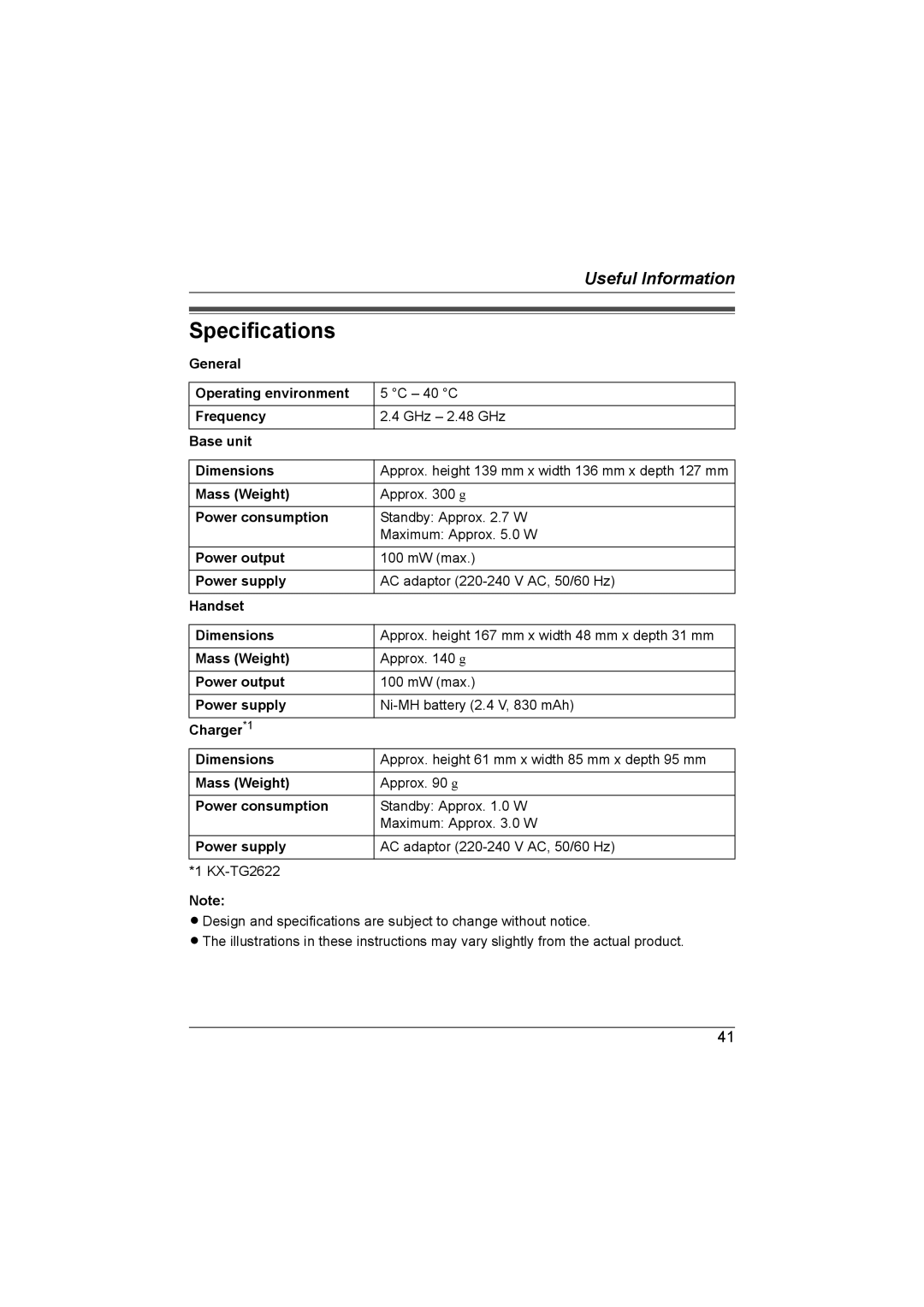 Panasonic KX-TG2621NZ, KX-TG2622NZ operating instructions Specifications 