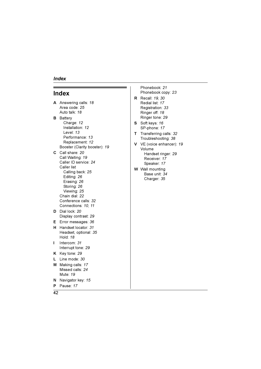 Panasonic KX-TG2622NZ, KX-TG2621NZ operating instructions Index 