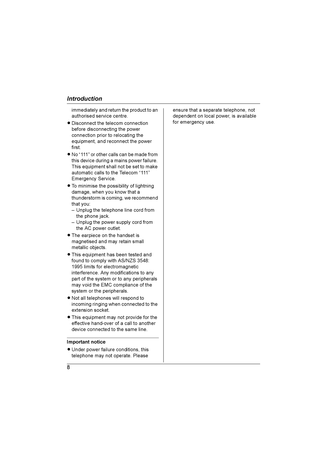 Panasonic KX-TG2622NZ, KX-TG2621NZ operating instructions Important notice 