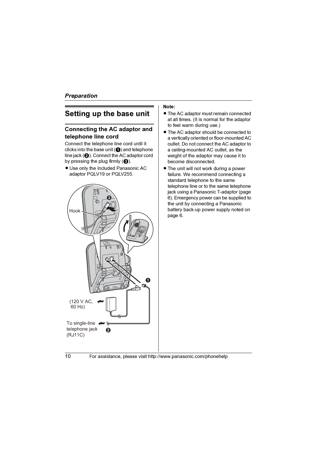 Panasonic KX-TG2631 operating instructions Setting up the base unit, Connecting the AC adaptor and telephone line cord 