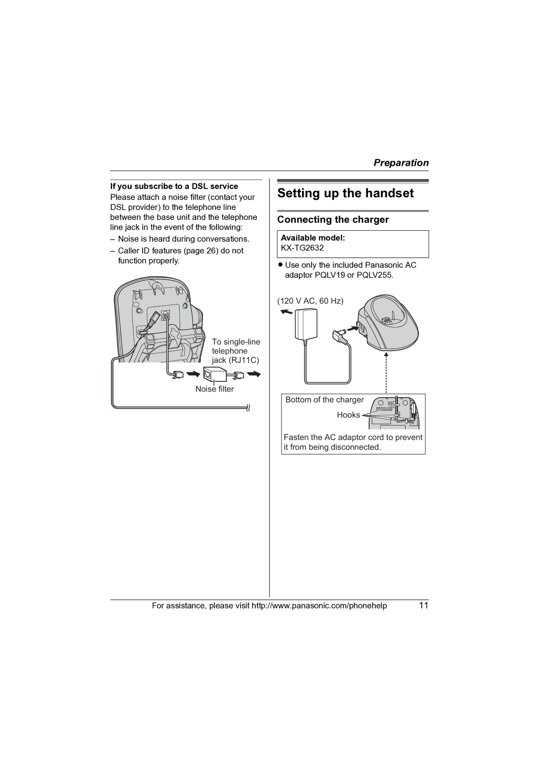 Panasonic KX-TG2631 Setting up the handset, Connecting the charger, If you subscribe to a DSL service, Available model 