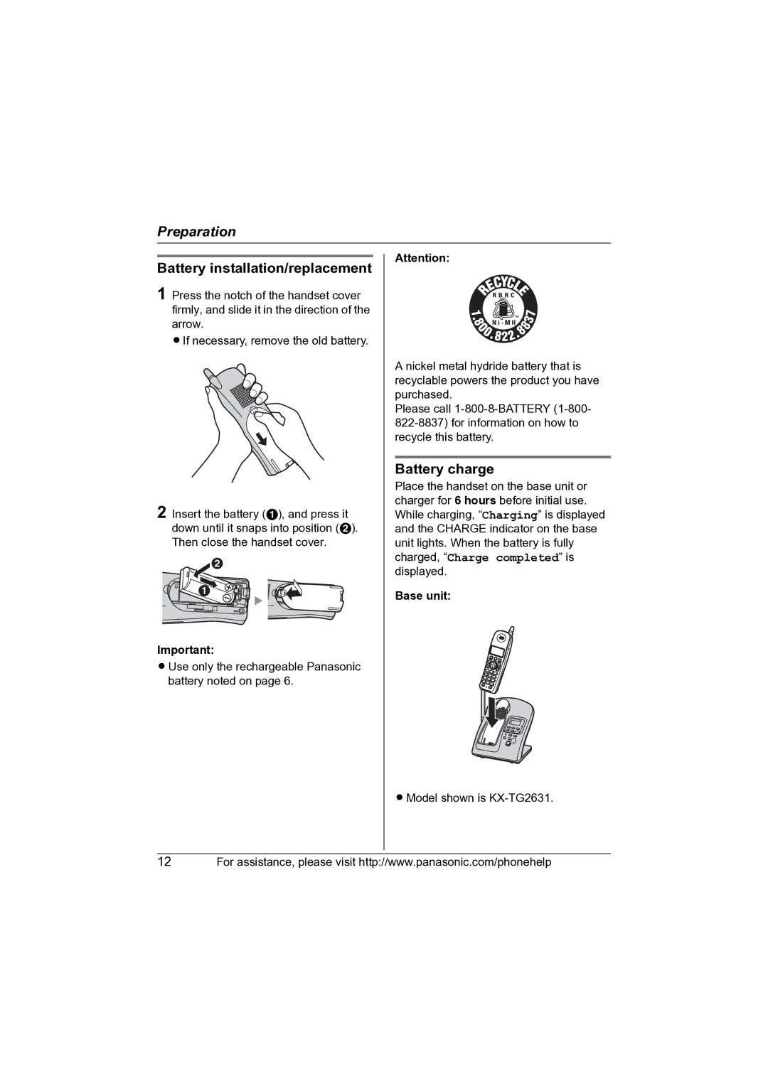 Panasonic KX-TG2631 operating instructions Battery installation/replacement, Battery charge, Base unit 