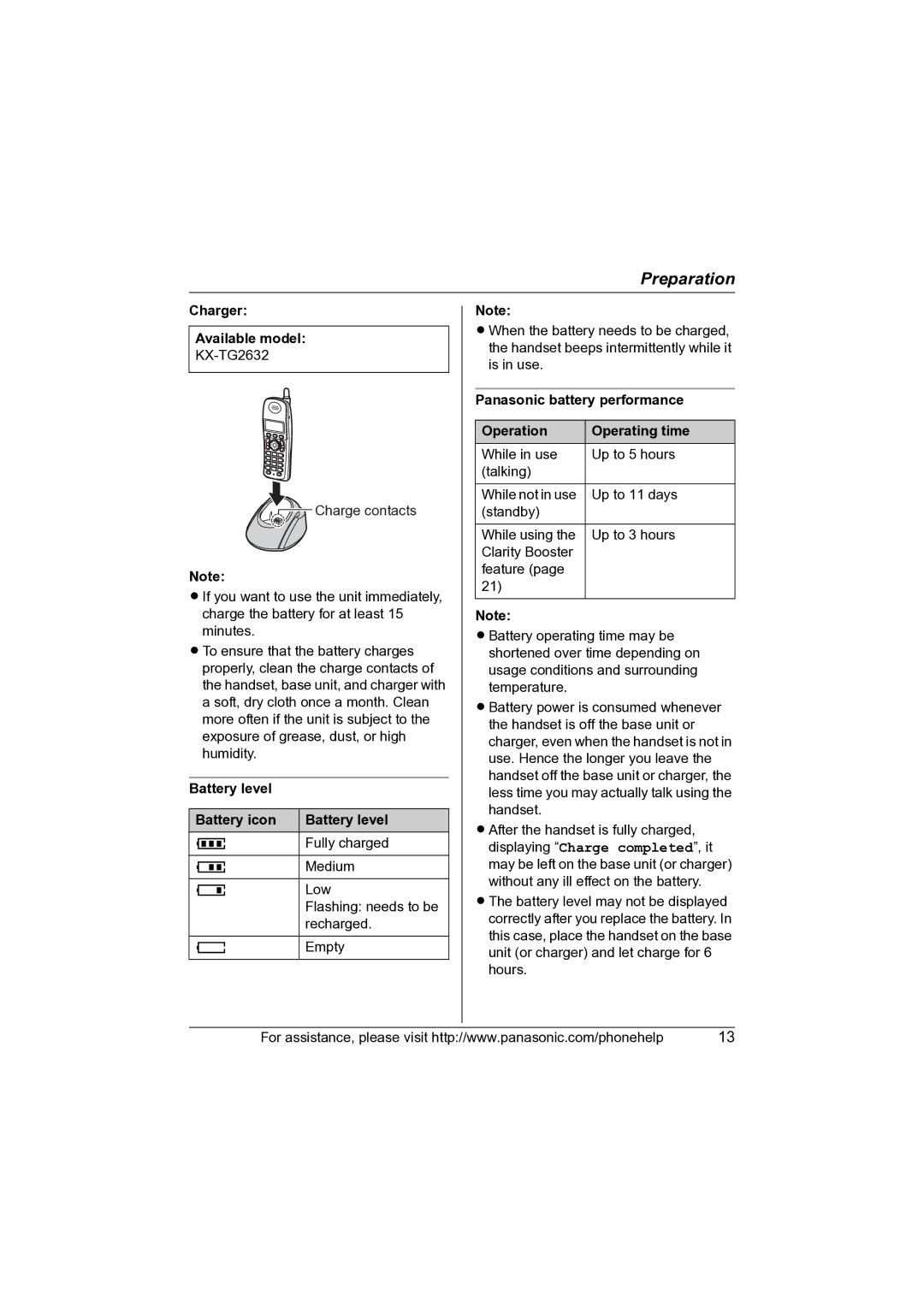 Panasonic KX-TG2631 operating instructions Charger Available model, Battery level Battery icon 