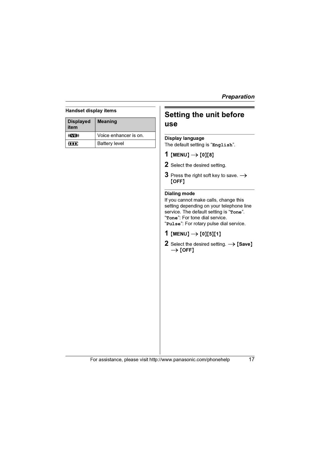 Panasonic KX-TG2631 Setting the unit before use, Handset display items Displayed Meaning item, Display language, Off 