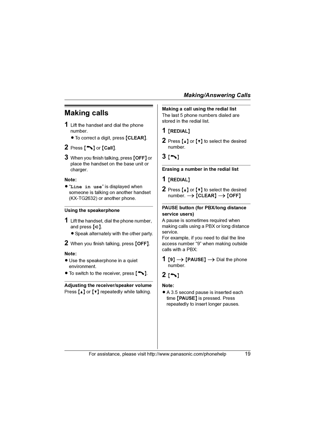 Panasonic KX-TG2631 operating instructions Making calls 