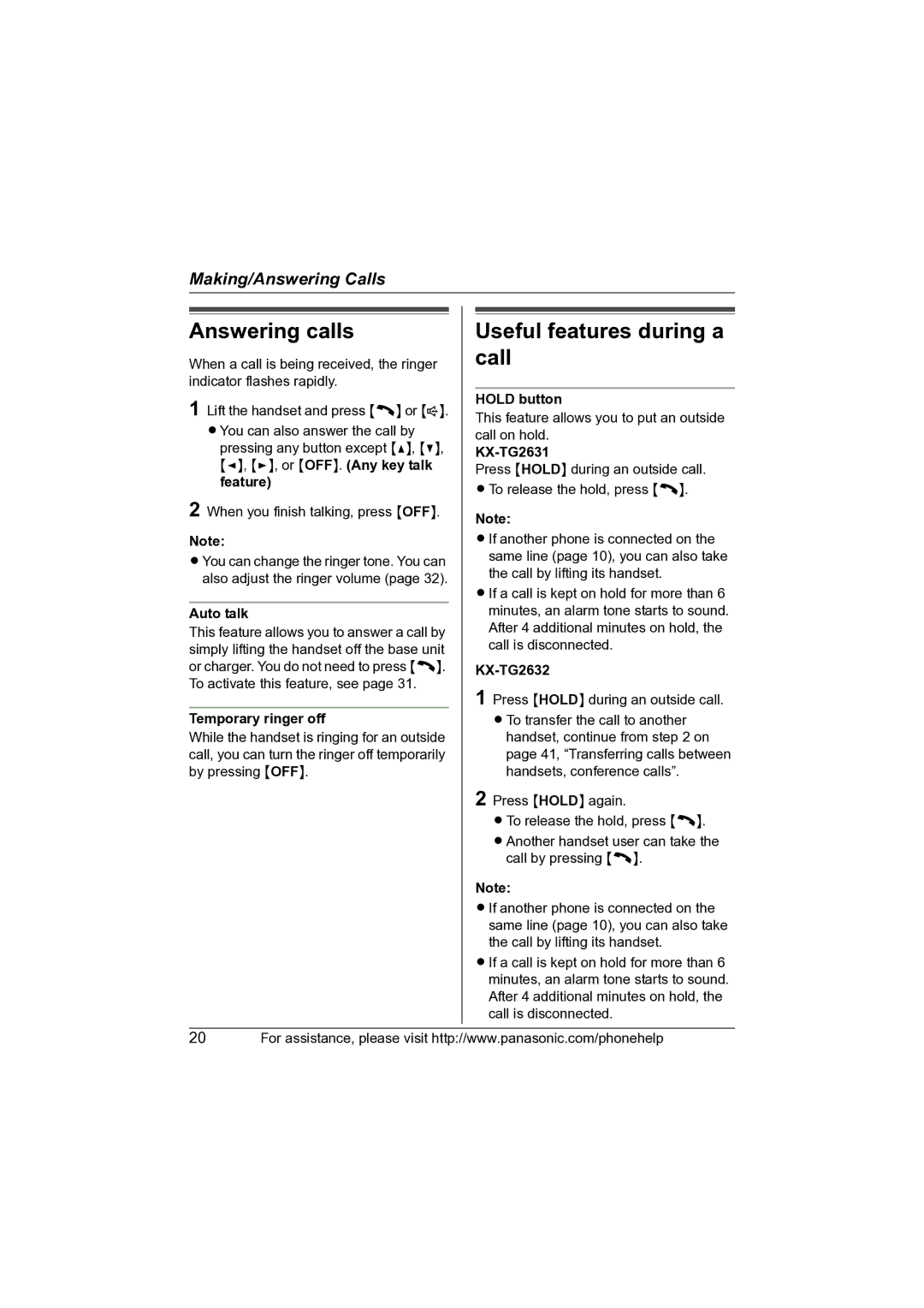 Panasonic KX-TG2631 operating instructions Answering calls, Useful features during a call 