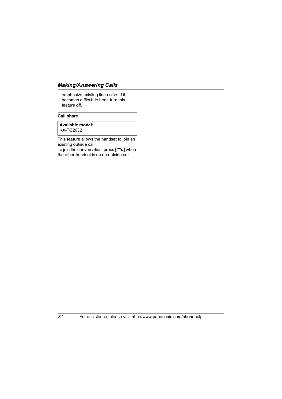 Panasonic KX-TG2631 operating instructions Call share Available model 