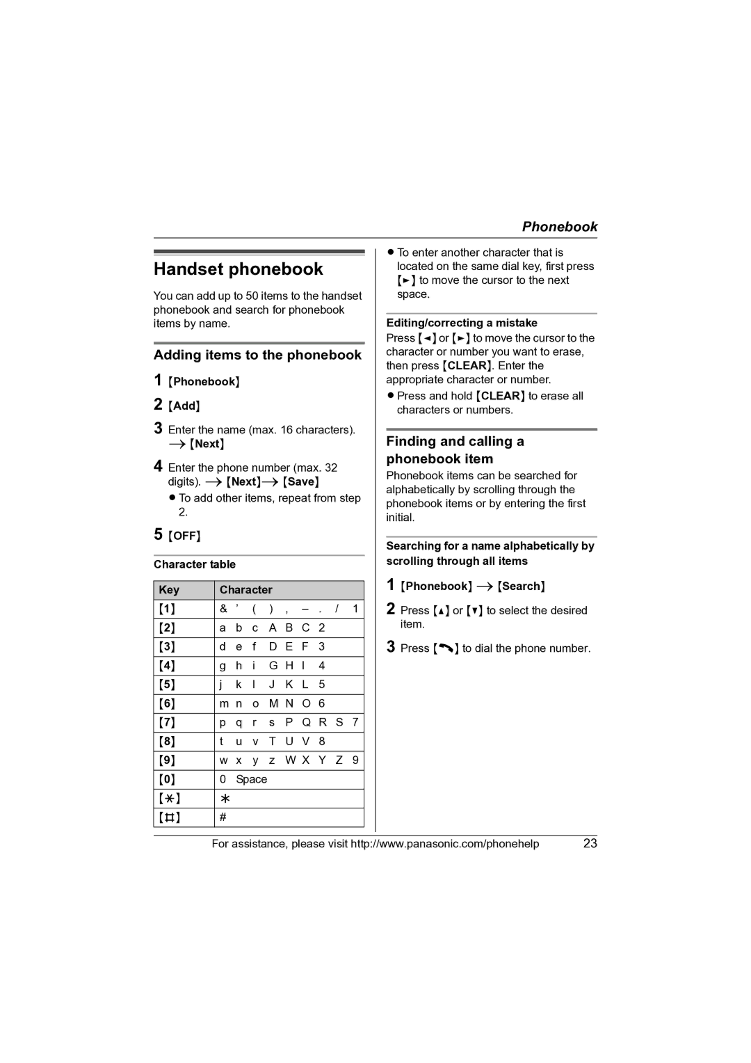 Panasonic KX-TG2631 Handset phonebook, Adding items to the phonebook, Finding and calling a phonebook item 