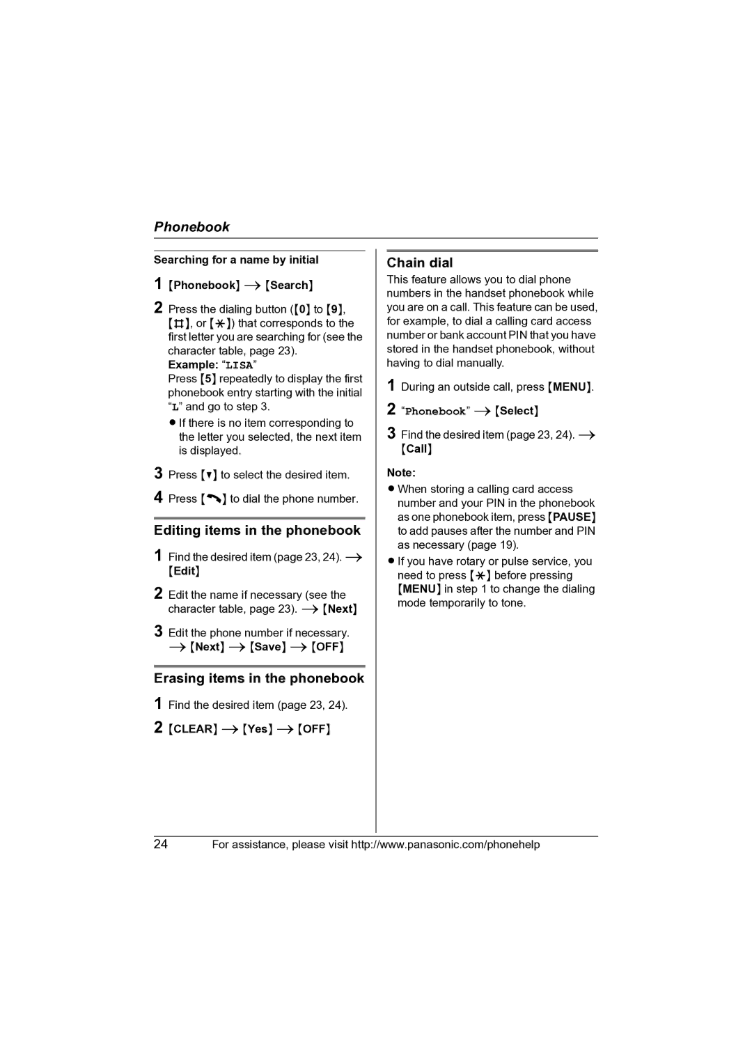 Panasonic KX-TG2631 operating instructions Editing items in the phonebook, Erasing items in the phonebook, Chain dial 