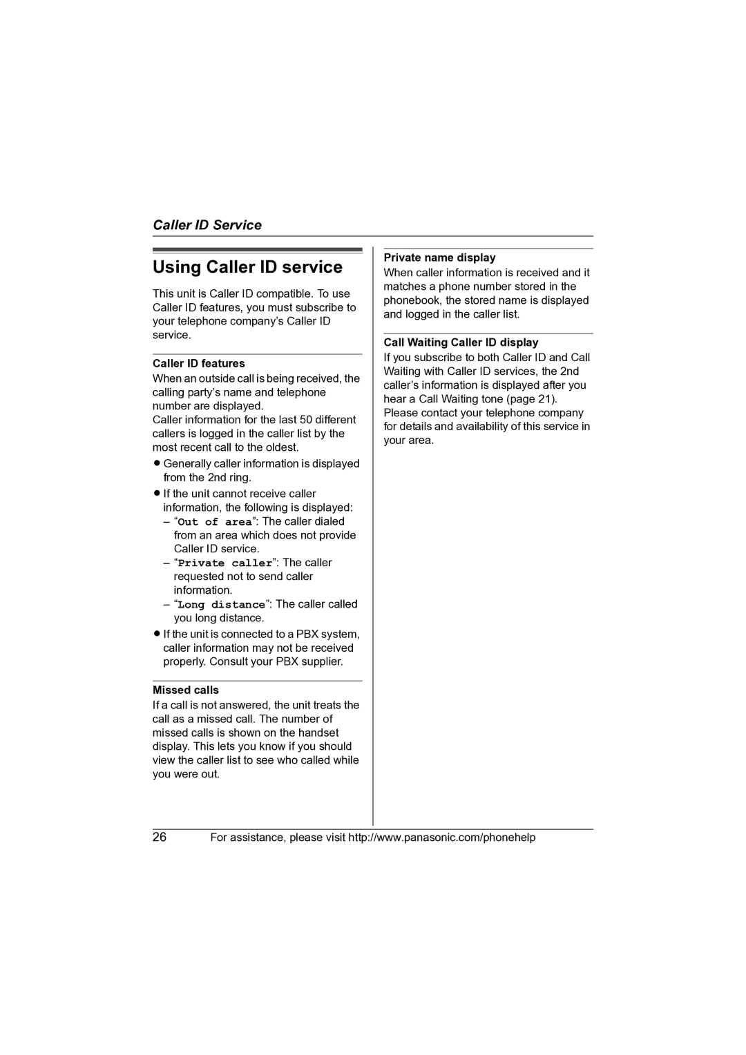 Panasonic KX-TG2631 operating instructions Using Caller ID service, Caller ID features, Missed calls, Private name display 