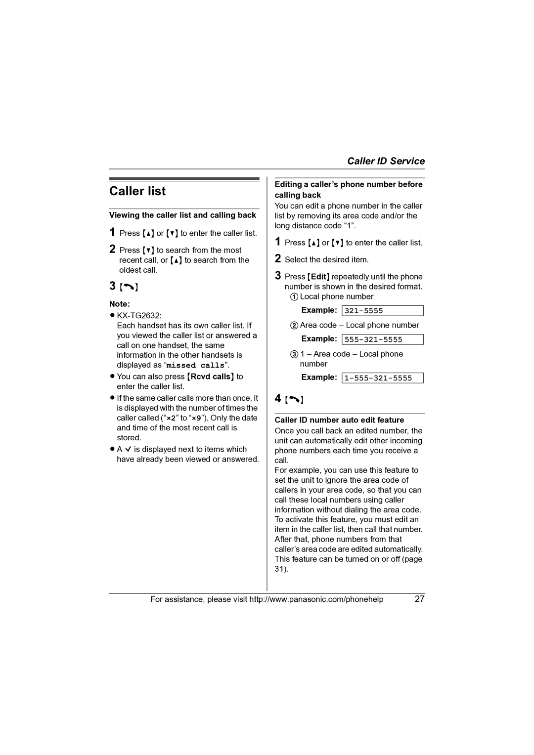 Panasonic KX-TG2631 Caller list, Viewing the caller list and calling back, Caller ID number auto edit feature 