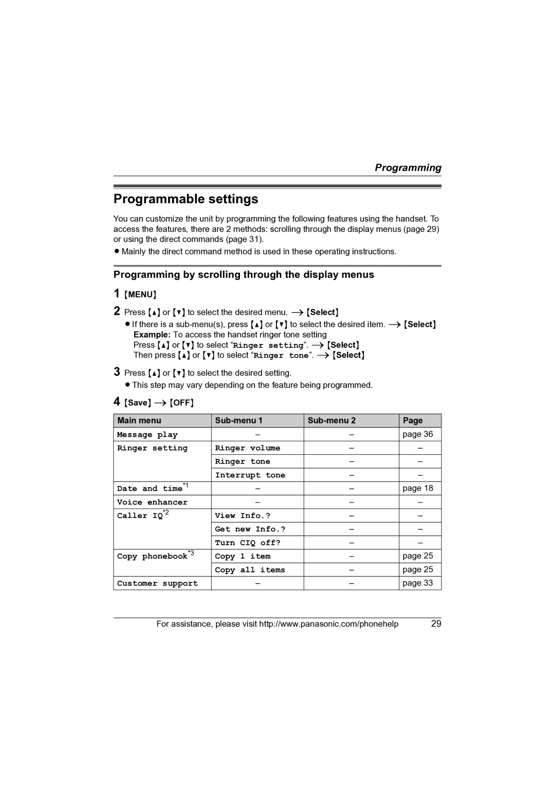 Panasonic KX-TG2631 operating instructions Programmable settings, Programming by scrolling through the display menus 