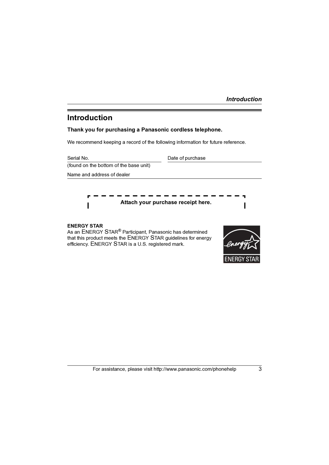 Panasonic KX-TG2631 operating instructions Introduction, Thank you for purchasing a Panasonic cordless telephone 