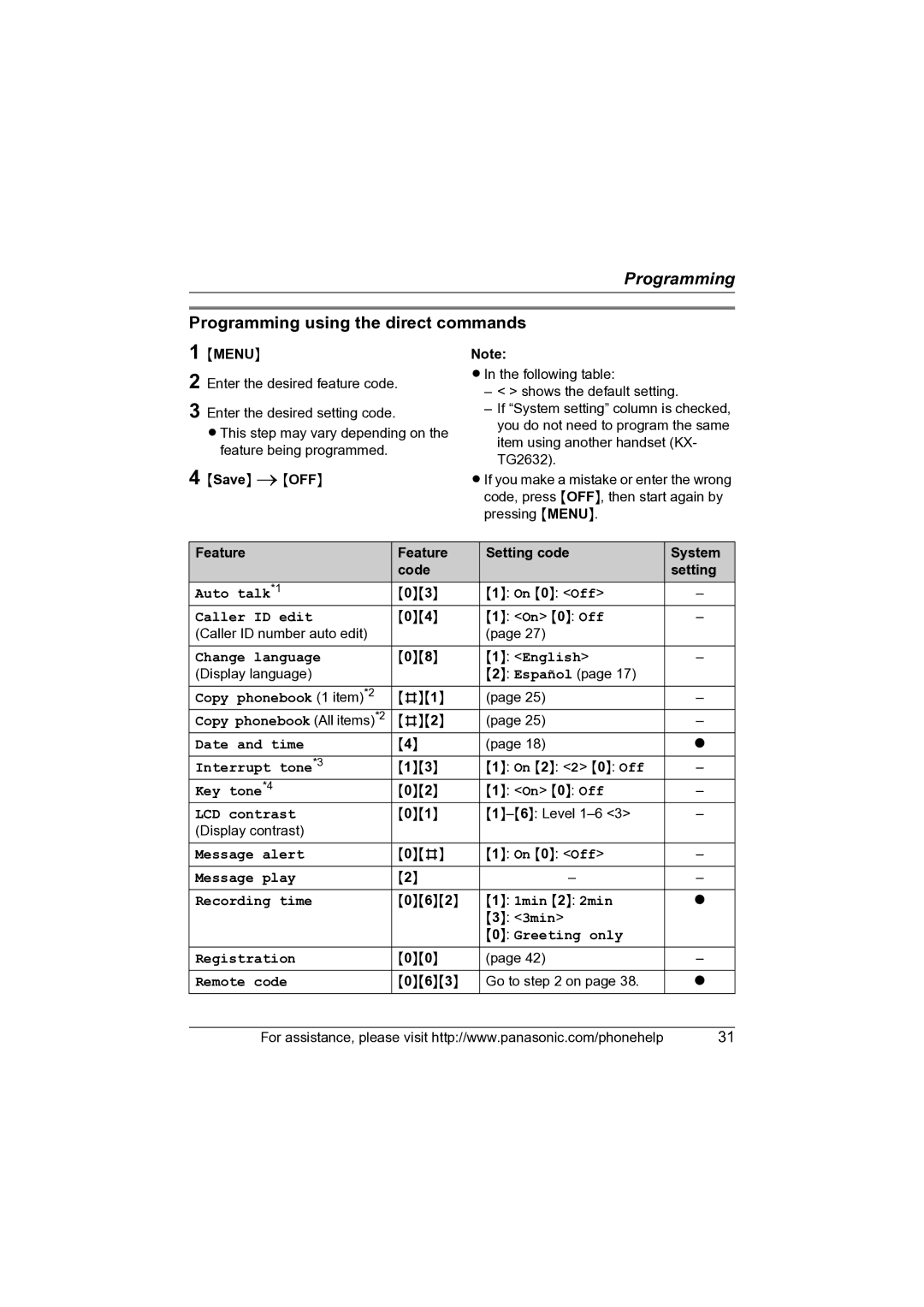 Panasonic KX-TG2631 operating instructions Programming using the direct commands, Menu, Feature Setting code System Code 