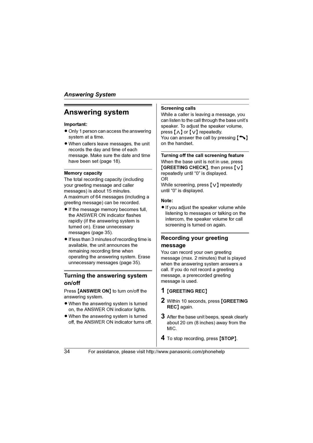 Panasonic KX-TG2631 Answering system, Turning the answering system on/off, Recording your greeting message 