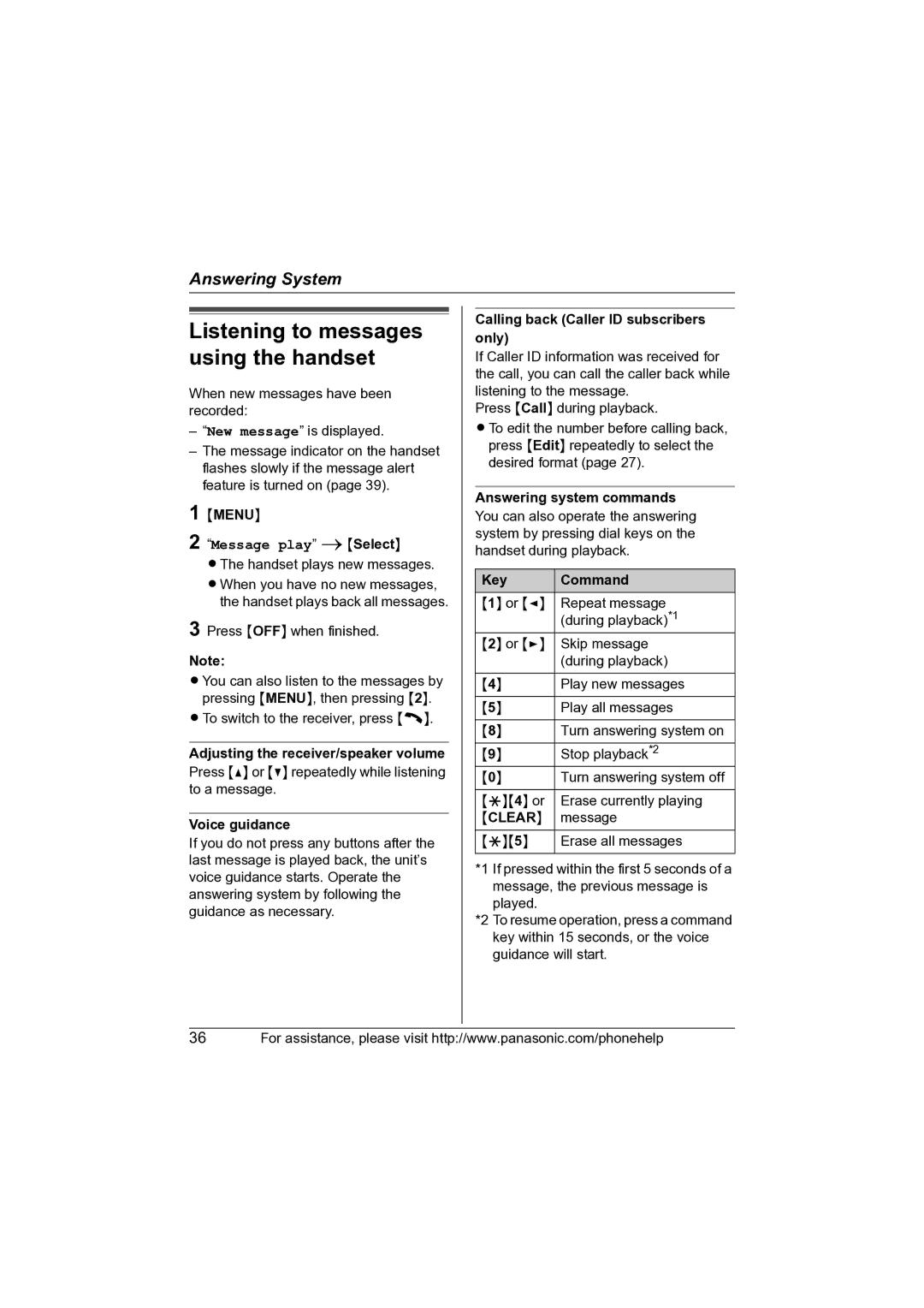 Panasonic KX-TG2631 Voice guidance, Calling back Caller ID subscribers only, Answering system commands, Key Command 