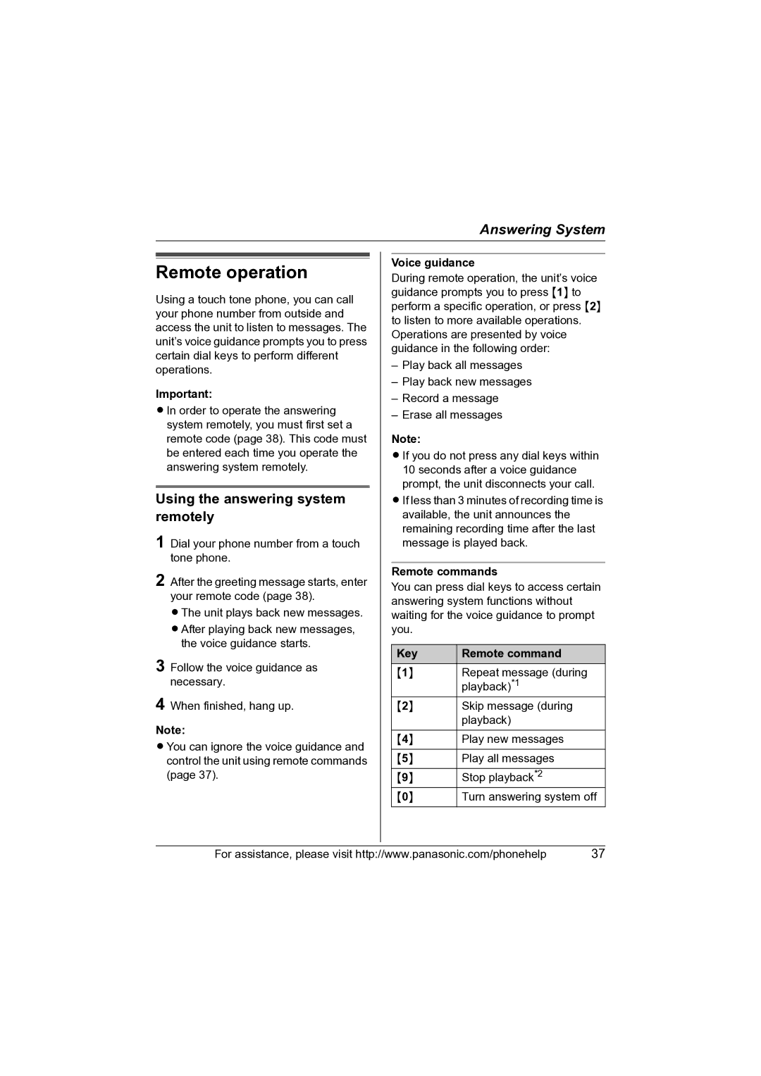 Panasonic KX-TG2631 Remote operation, Using the answering system remotely, Remote commands, Key Remote command 